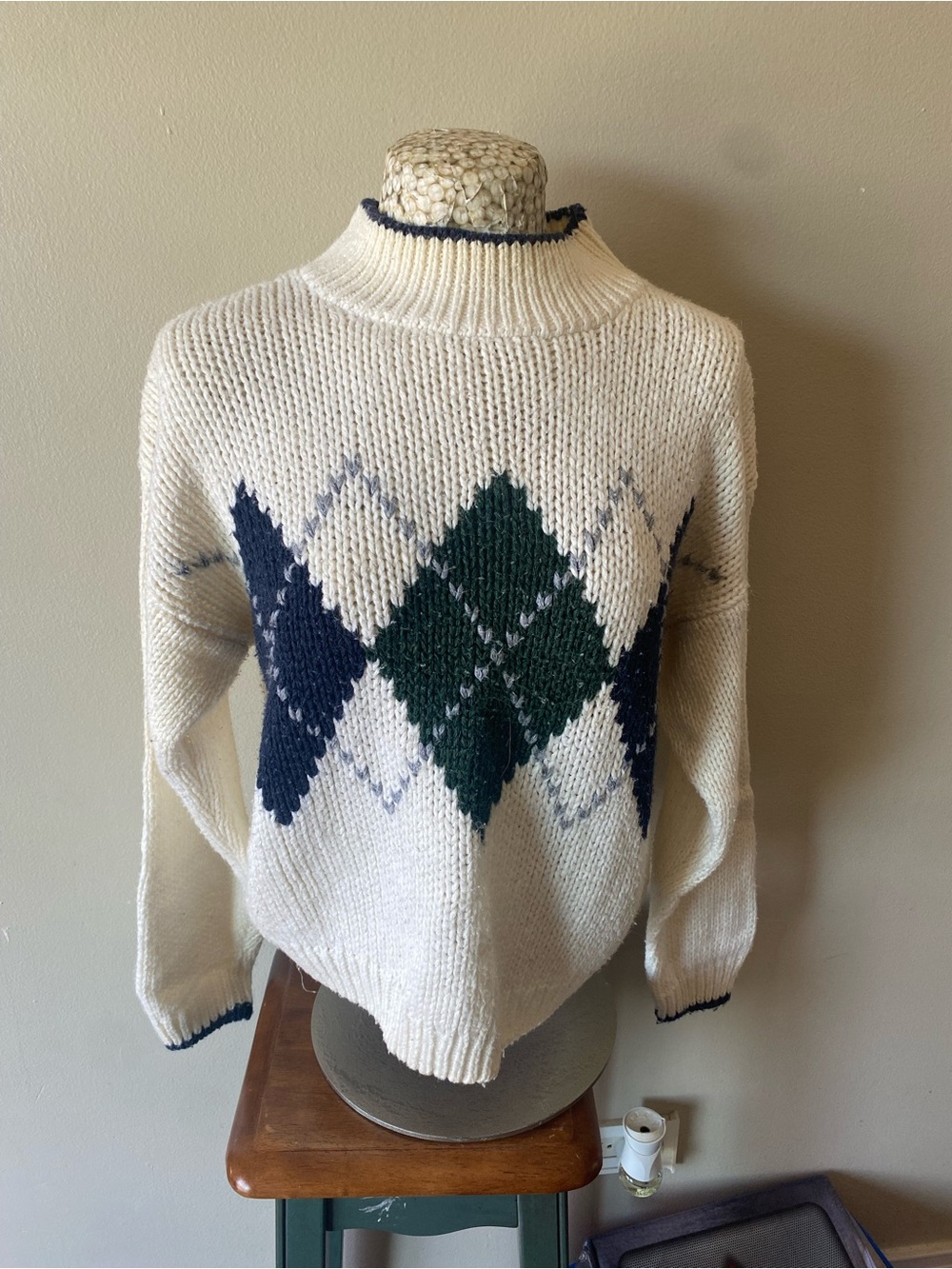 Vintage Cream Argyle Knit Mock Neck Sweater with Navy and Forest Diamonds